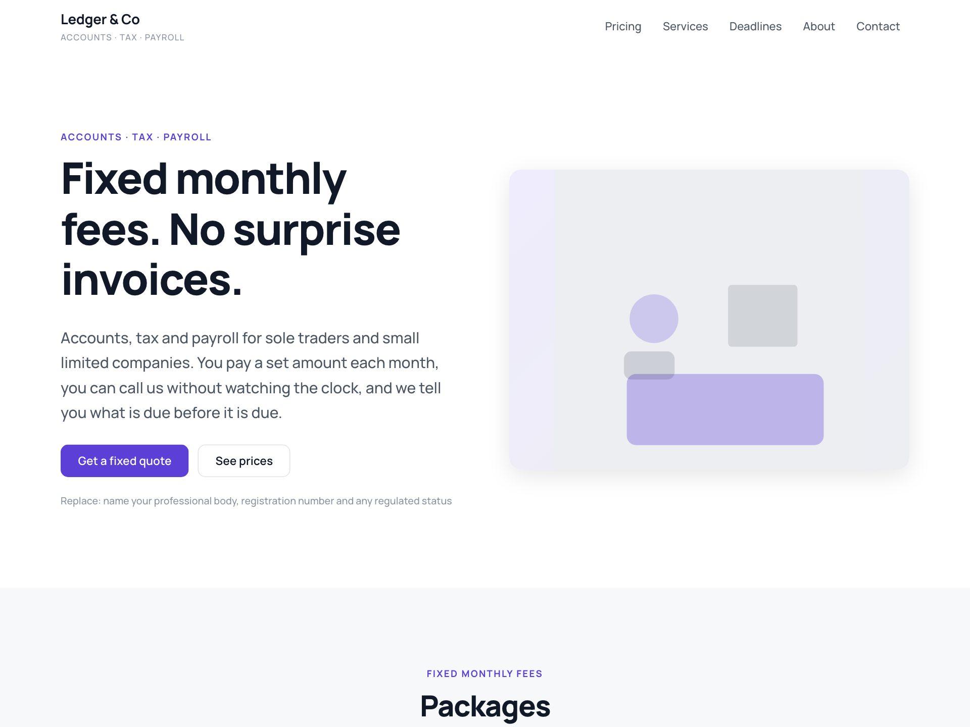 An accountancy website showing three fixed monthly pricing packages
