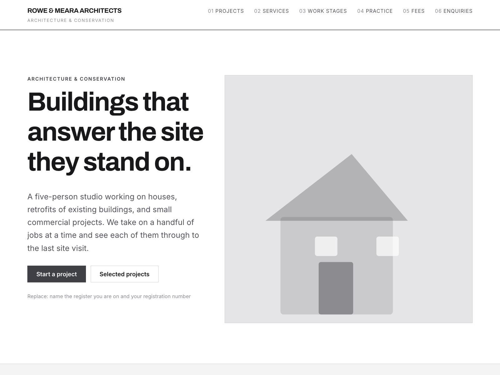 An architecture practice website with a hairline project grid and a numbered nav