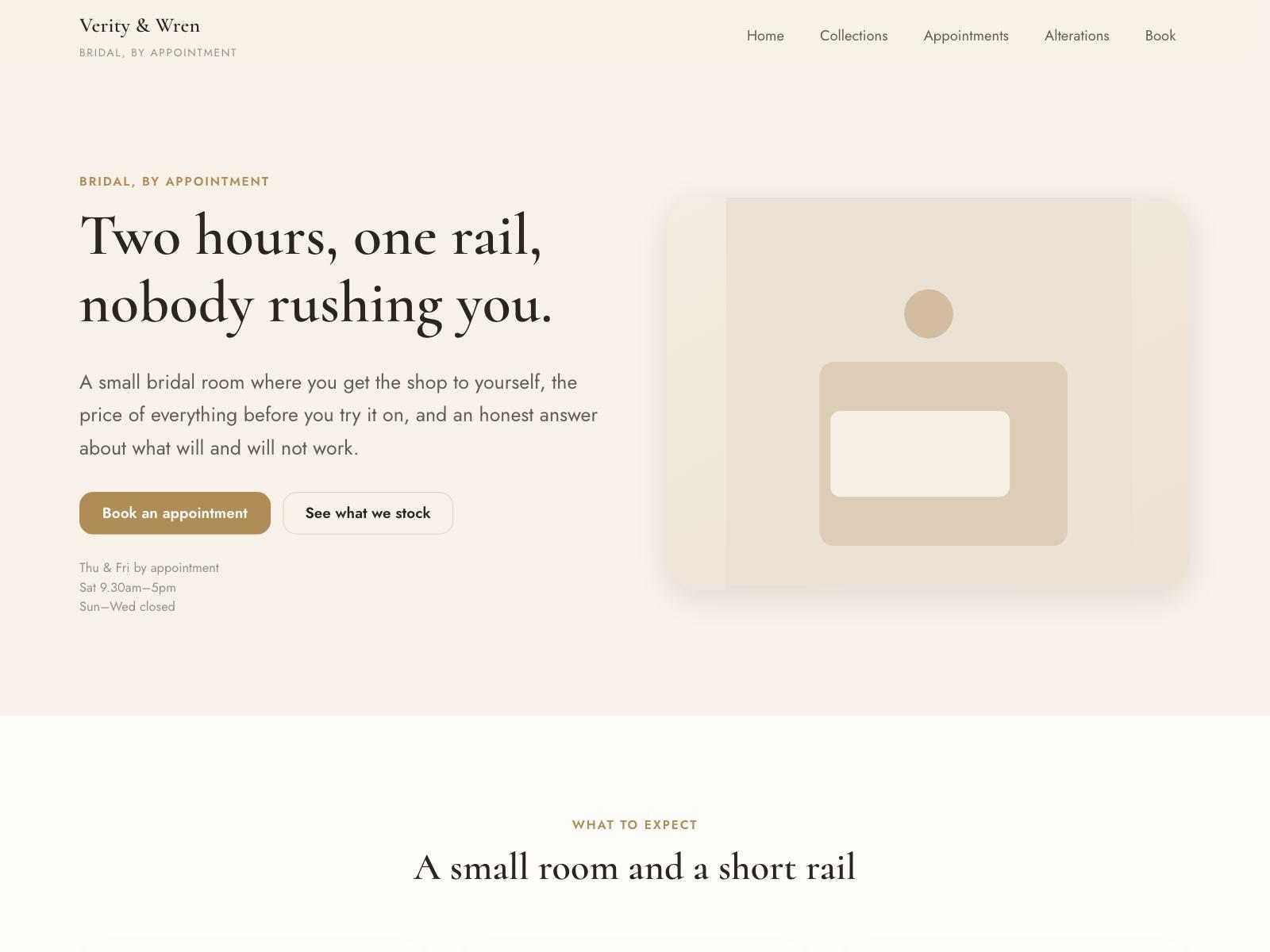 A bridal boutique website with soft rounded cards and a delicate serif headline