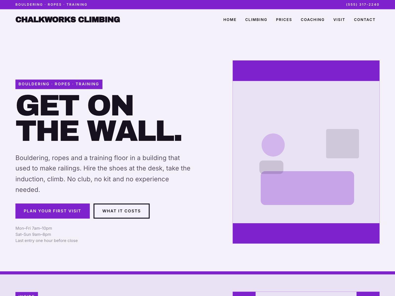 A climbing gym website with an enormous poster headline and solid colour blocks