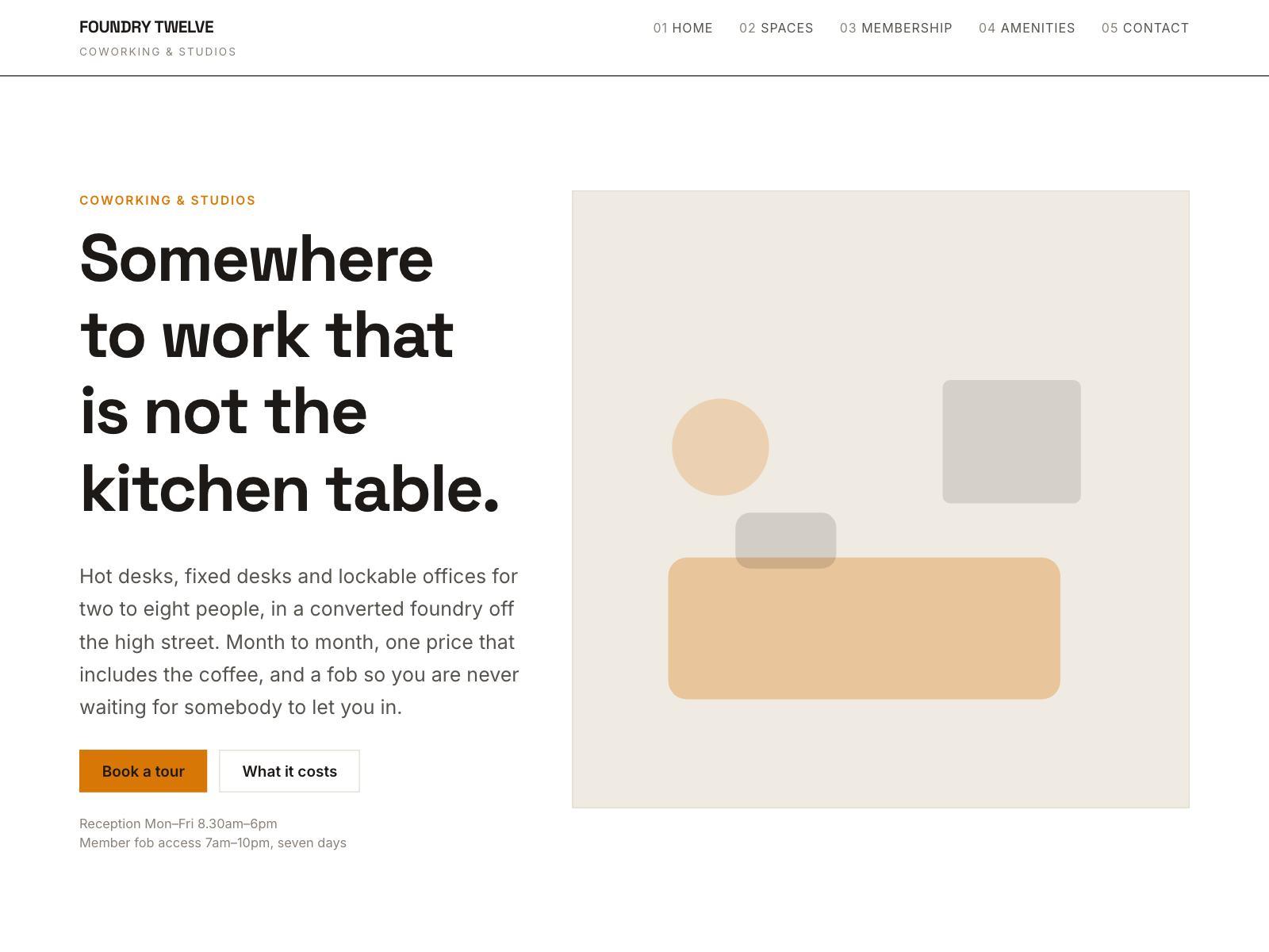 A coworking space website with a hairline grid of desk and office options