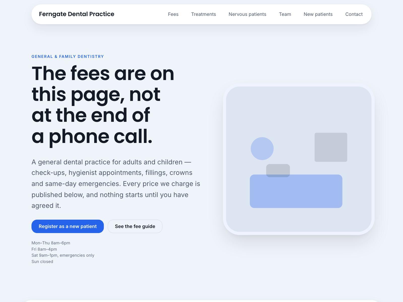 A dental practice website showing a treatment fee table with from-prices