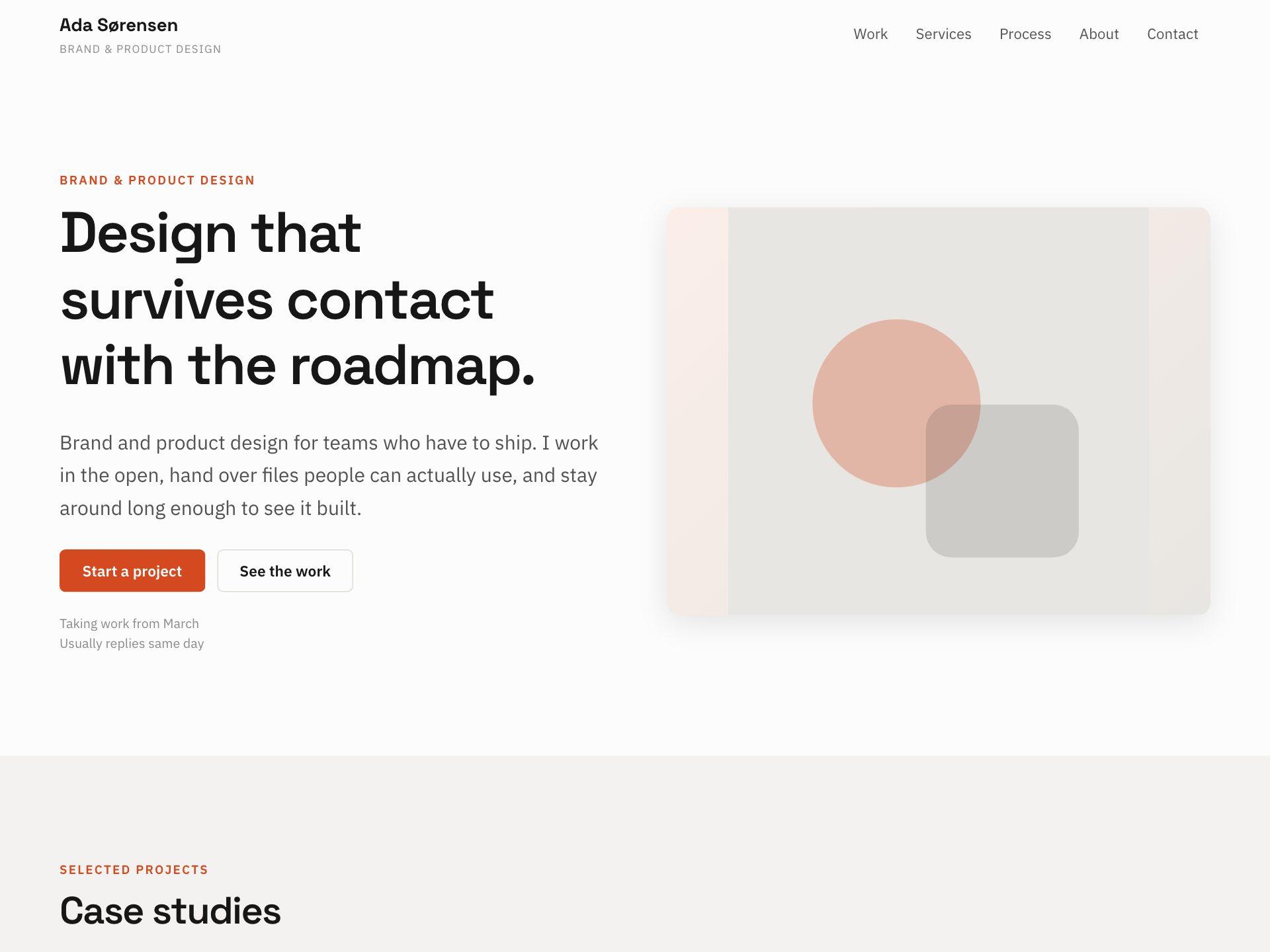 A designer portfolio website showing two wide case-study cards