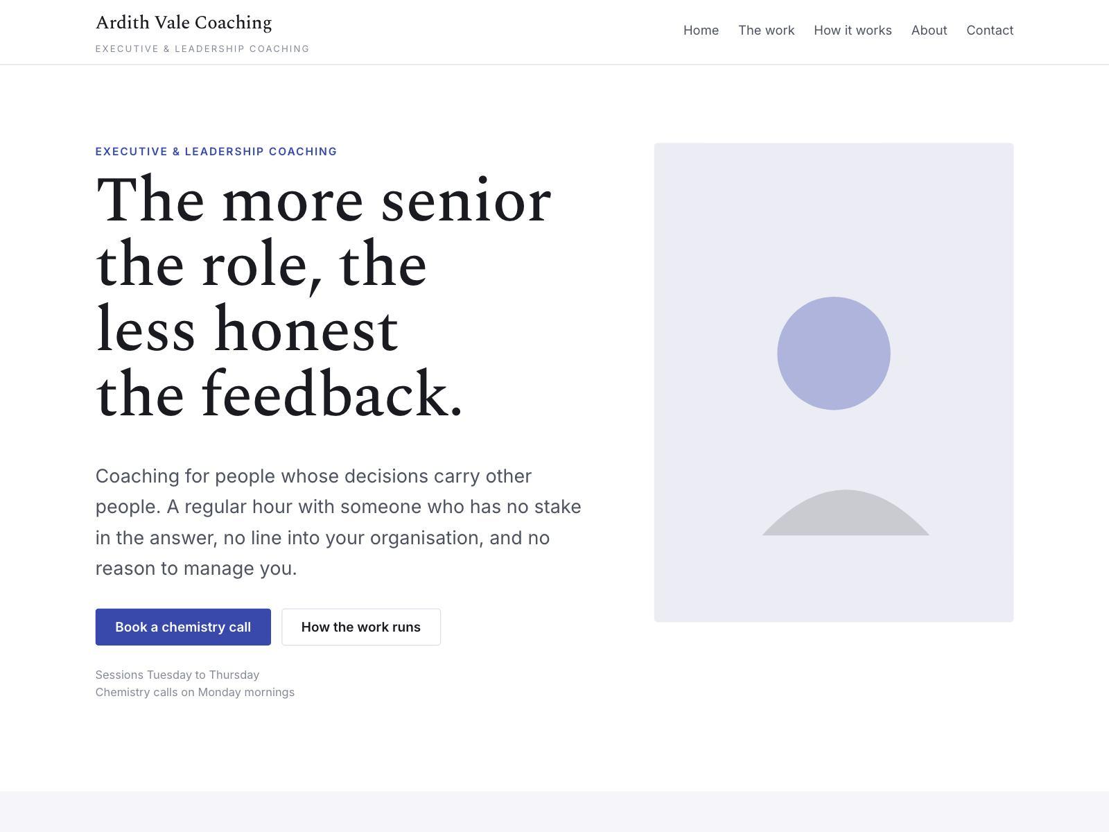 An executive coaching website with a large serif headline and an asymmetric text column