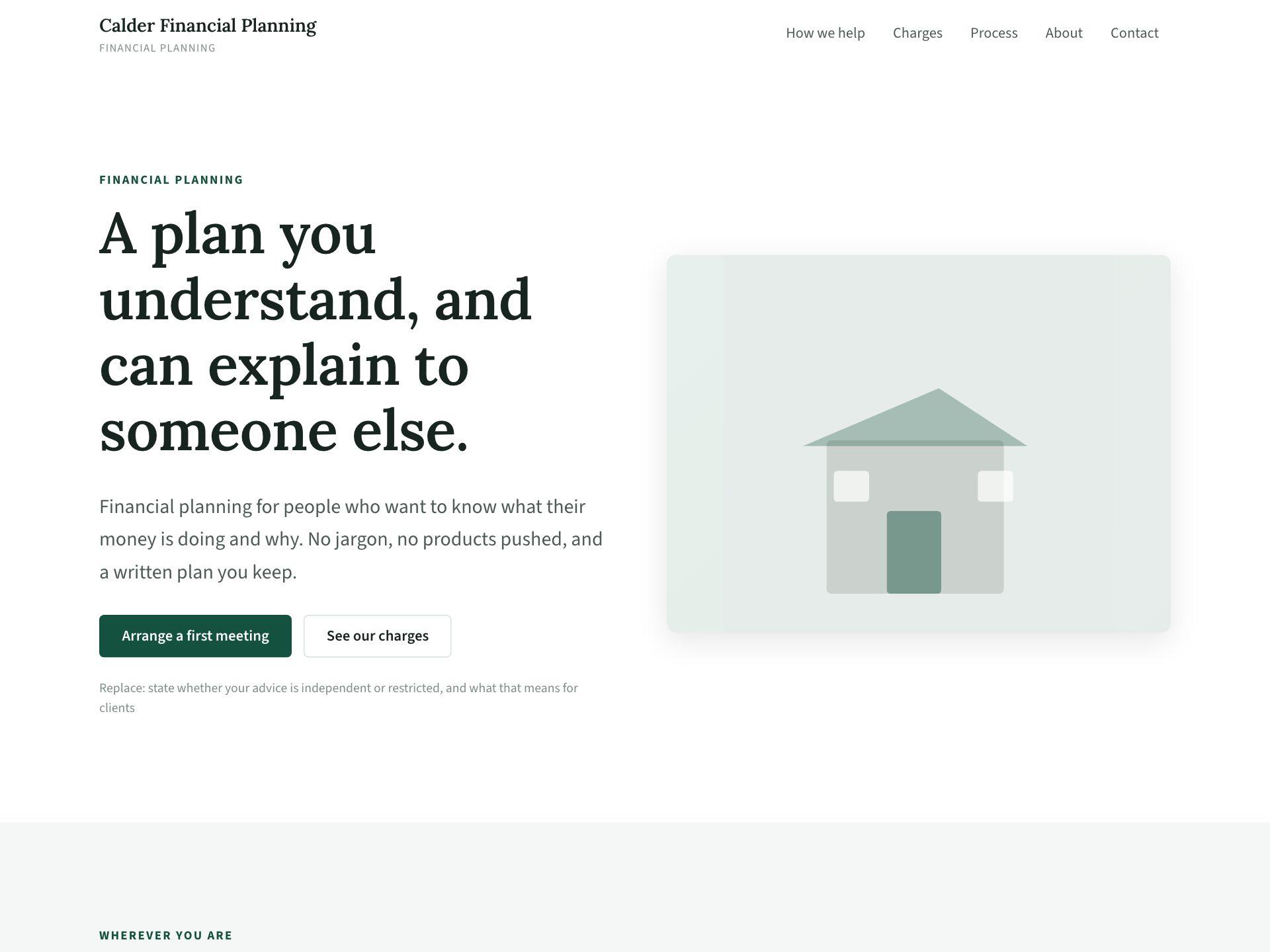 A financial advisor website showing a charges table with dot leaders