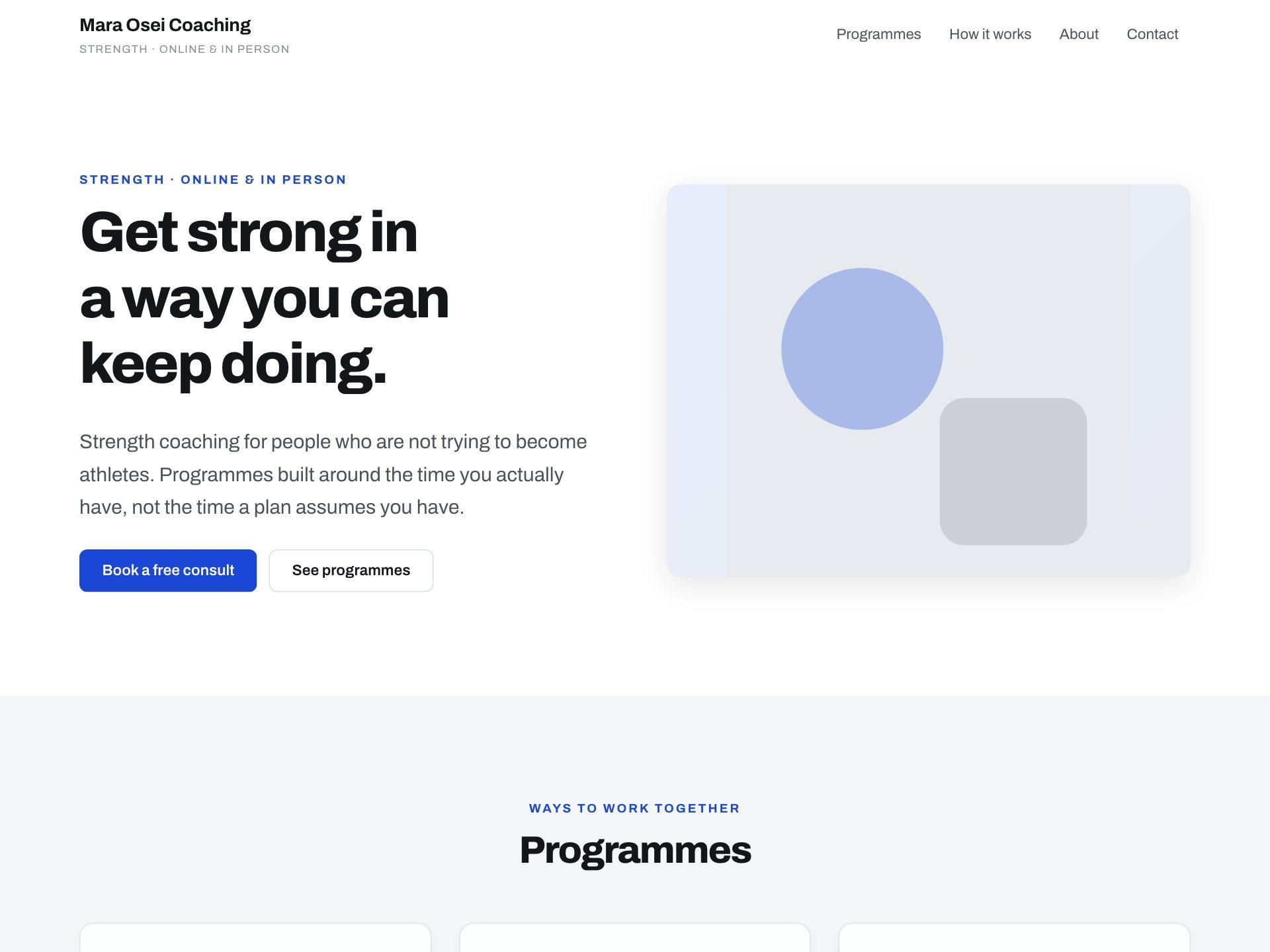 A fitness coaching website showing three programme cards with monthly pricing