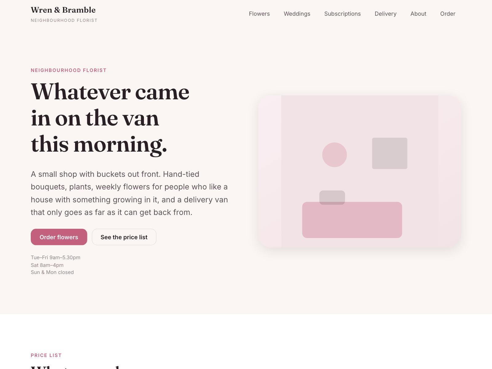 A florist website with soft rounded cards on a warm tinted background