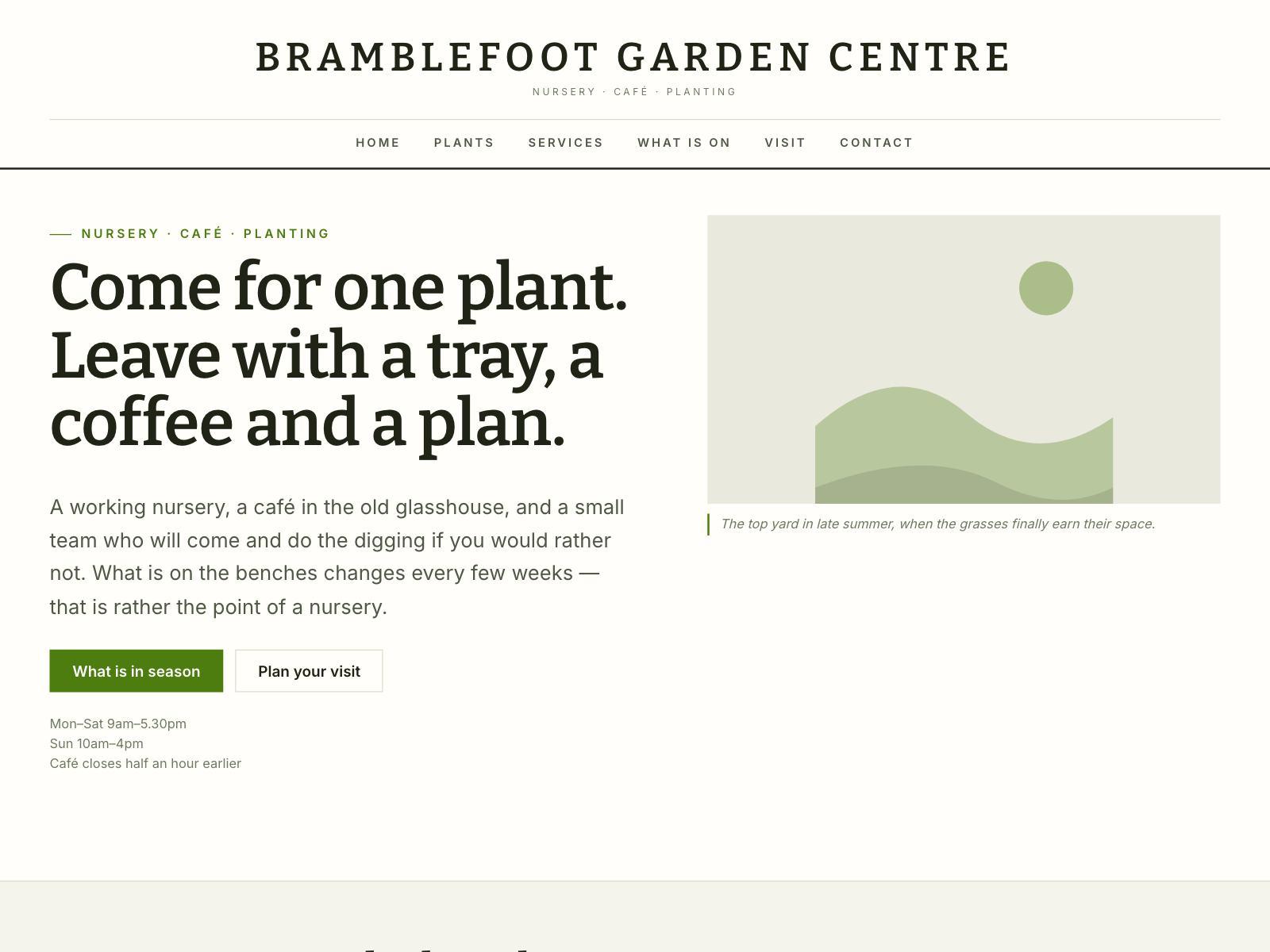 A garden centre website in a magazine layout with a lead card spanning two columns