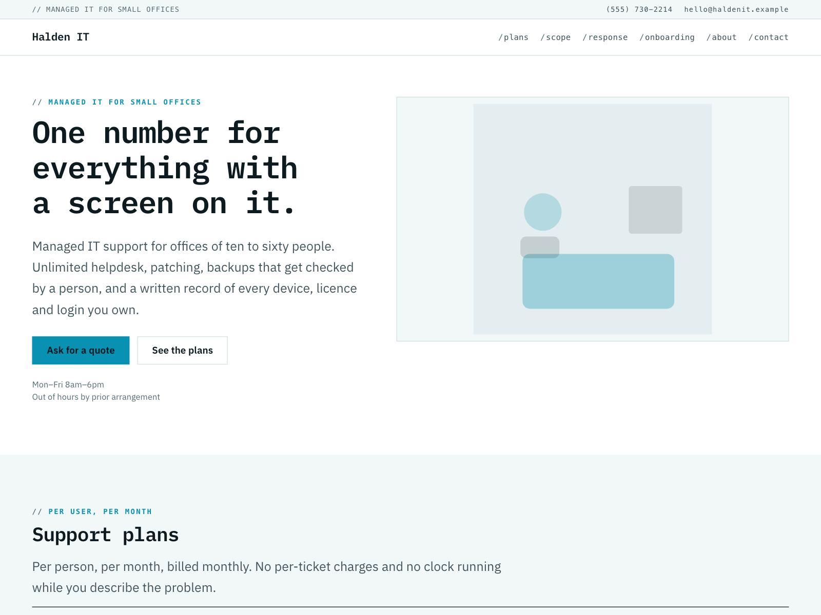 An IT support website with monospace labels and bordered plan cards