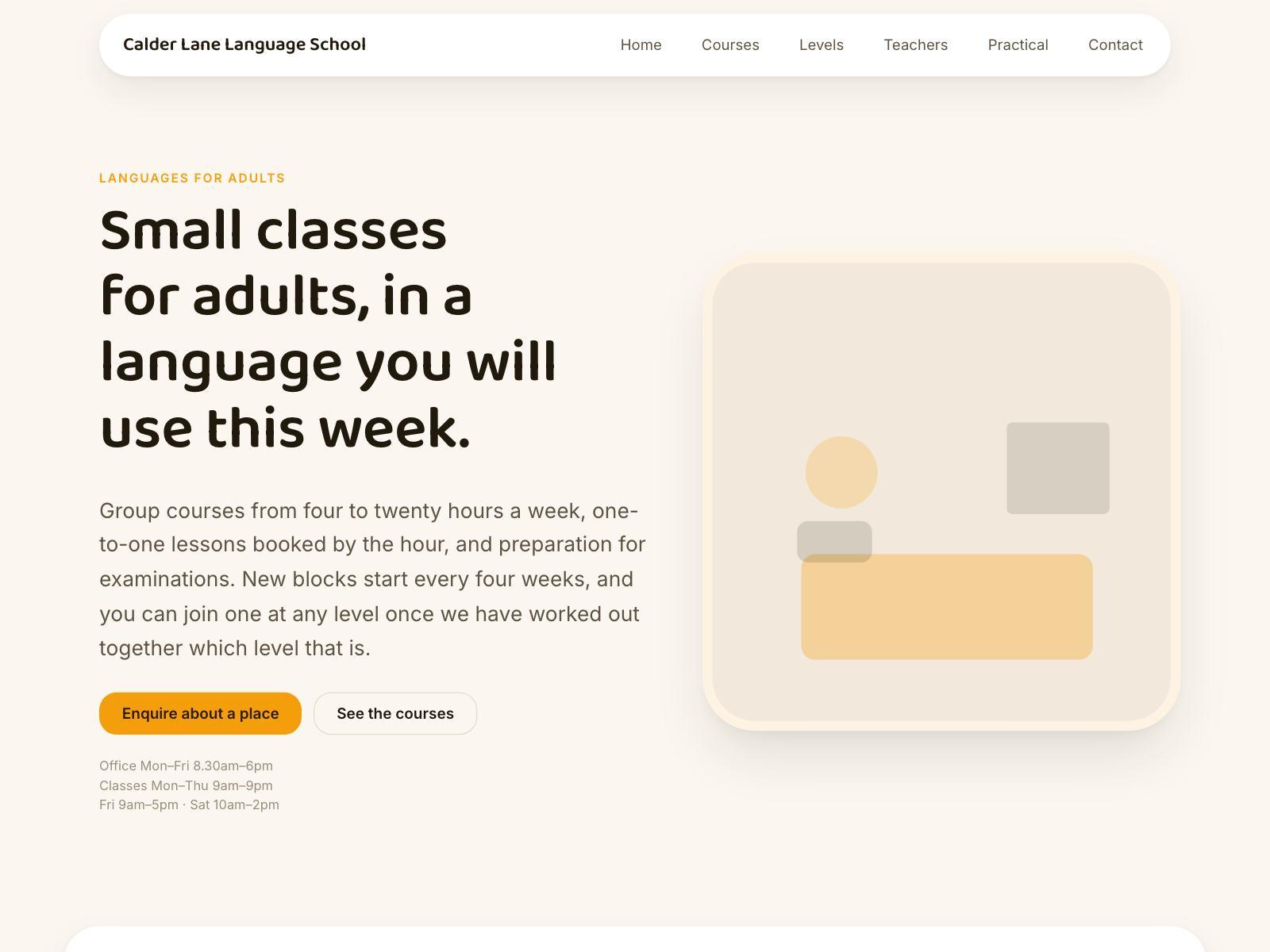 A language school website with rounded cards on a warm tinted background