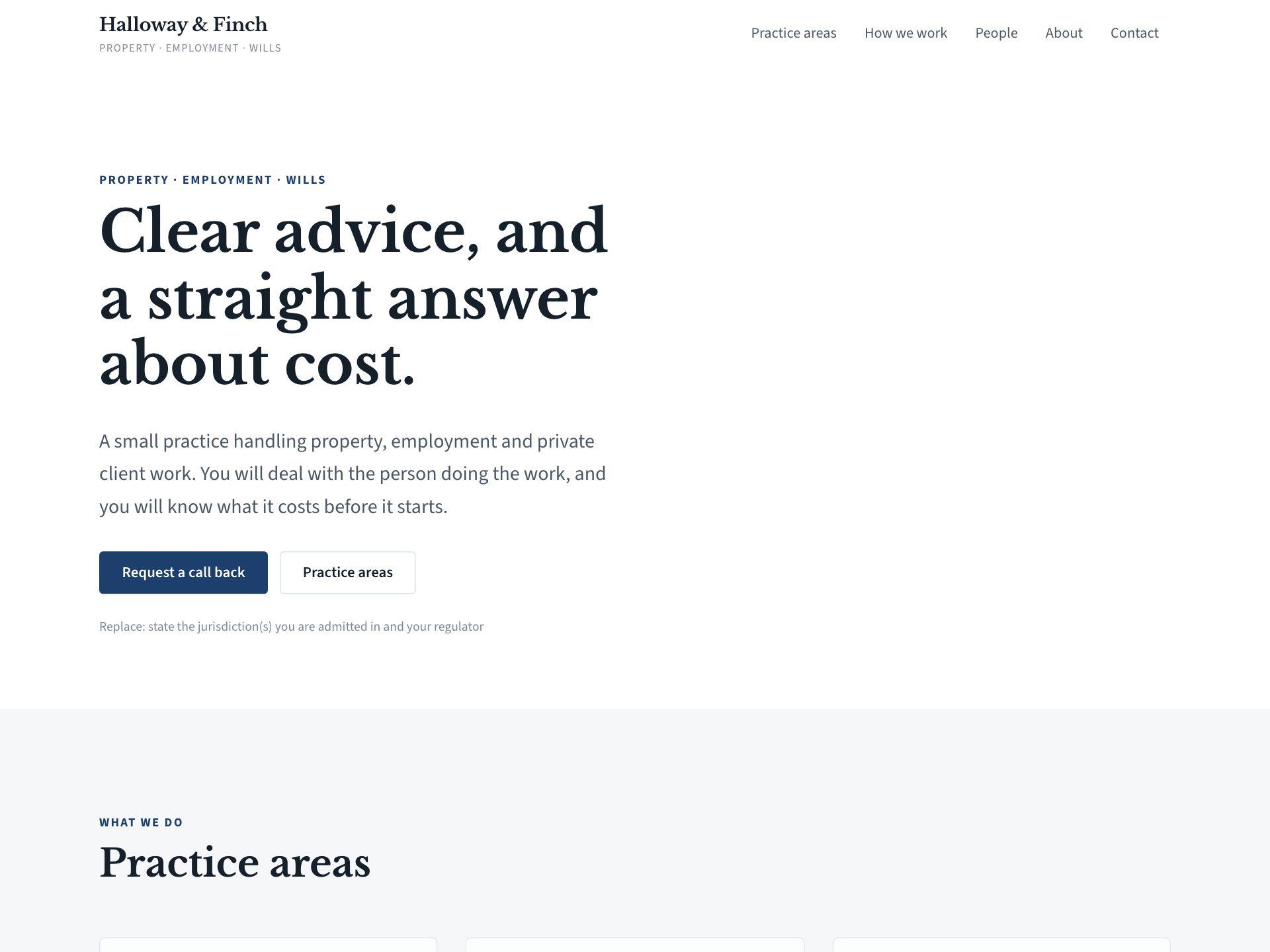 A law firm website showing a six-item practice-area grid