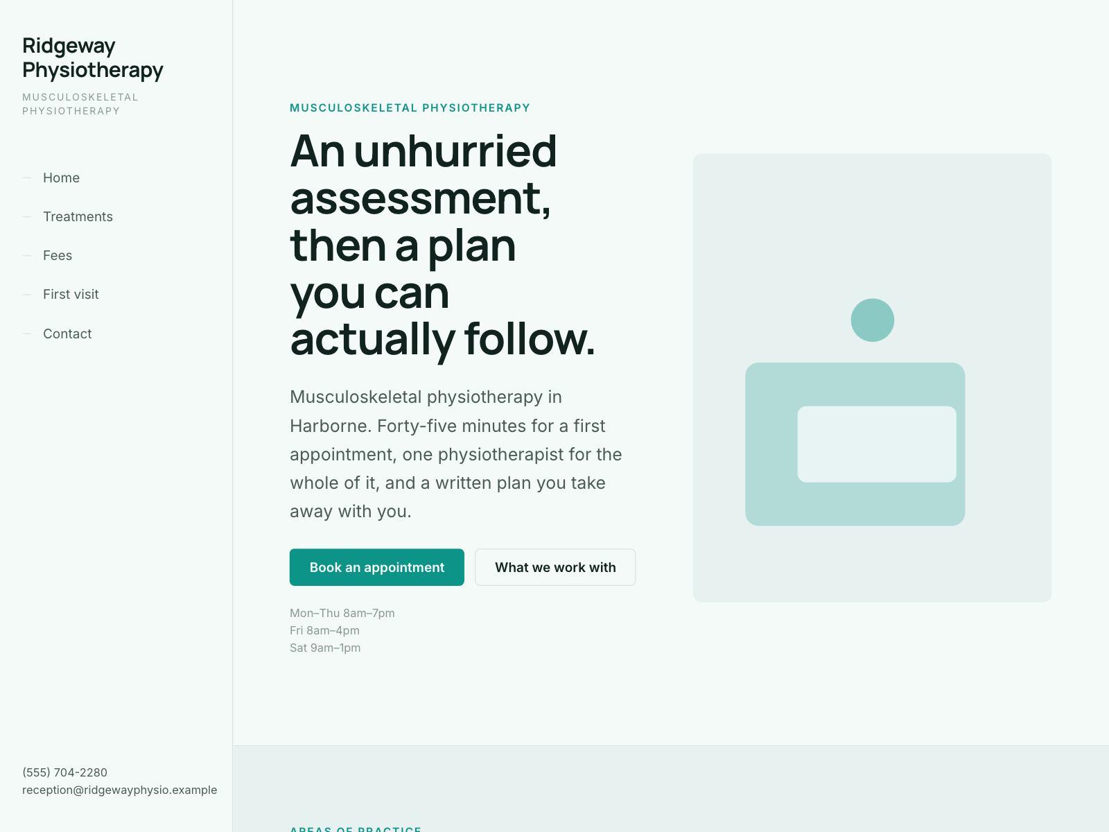 A physiotherapy clinic website with a fixed left navigation panel