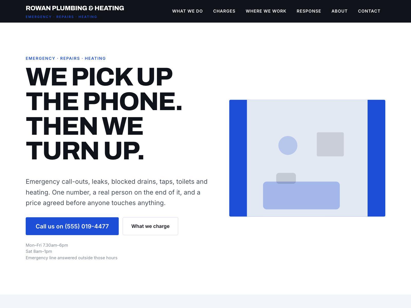 A plumbing website with a large tap-to-call button and bold pricing blocks