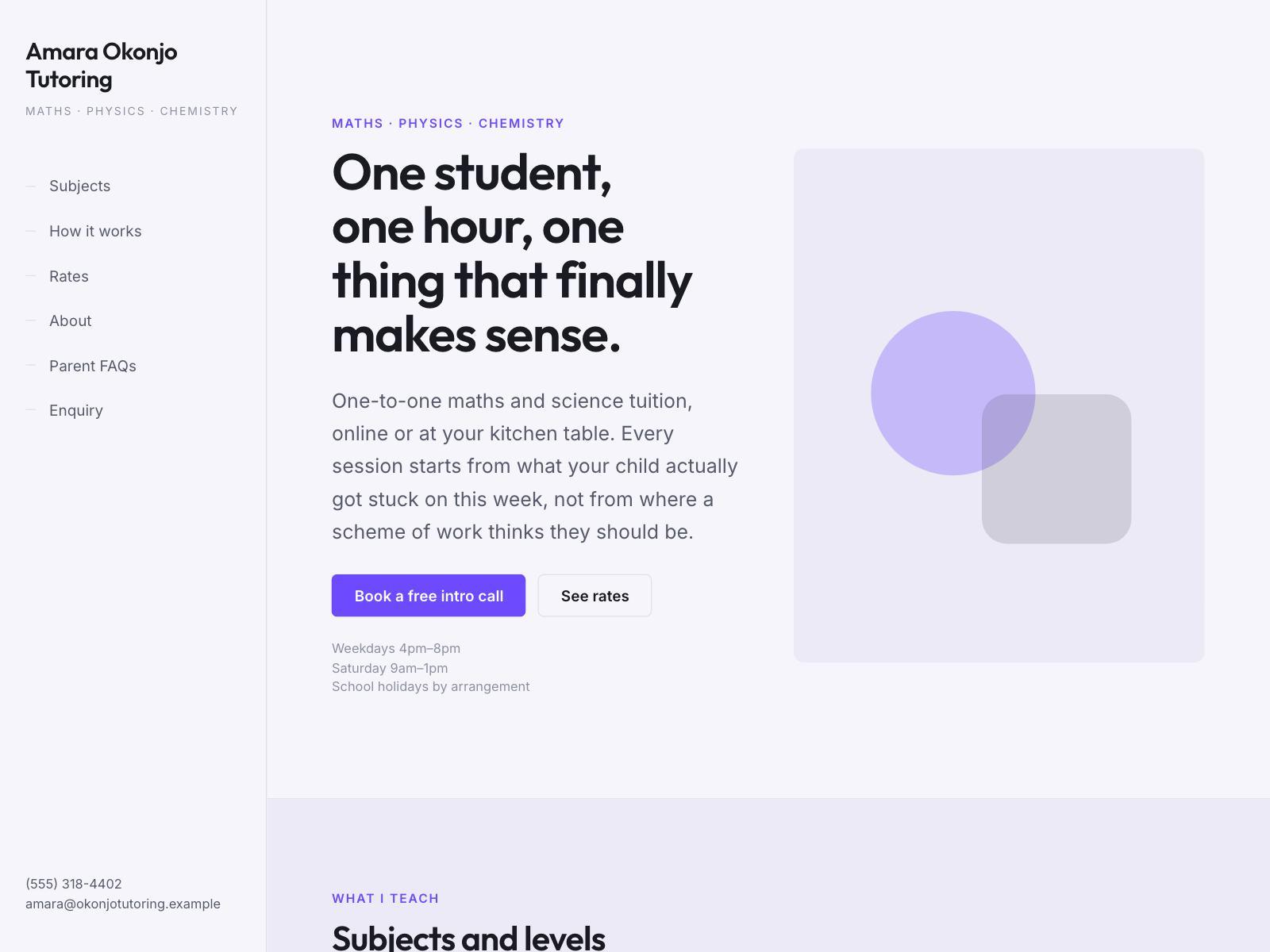 A tutoring website with a fixed left navigation panel and a subjects list