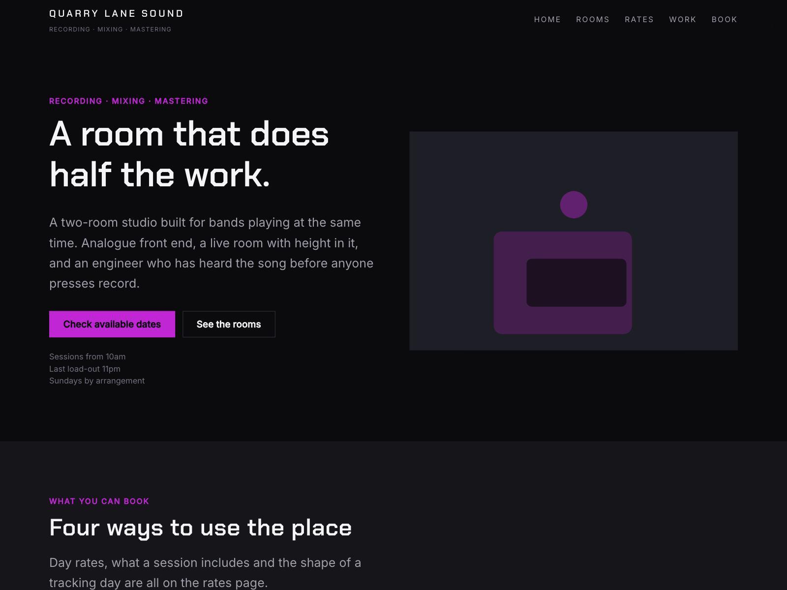 A dark recording studio website with a magenta accent and edge-to-edge room photography