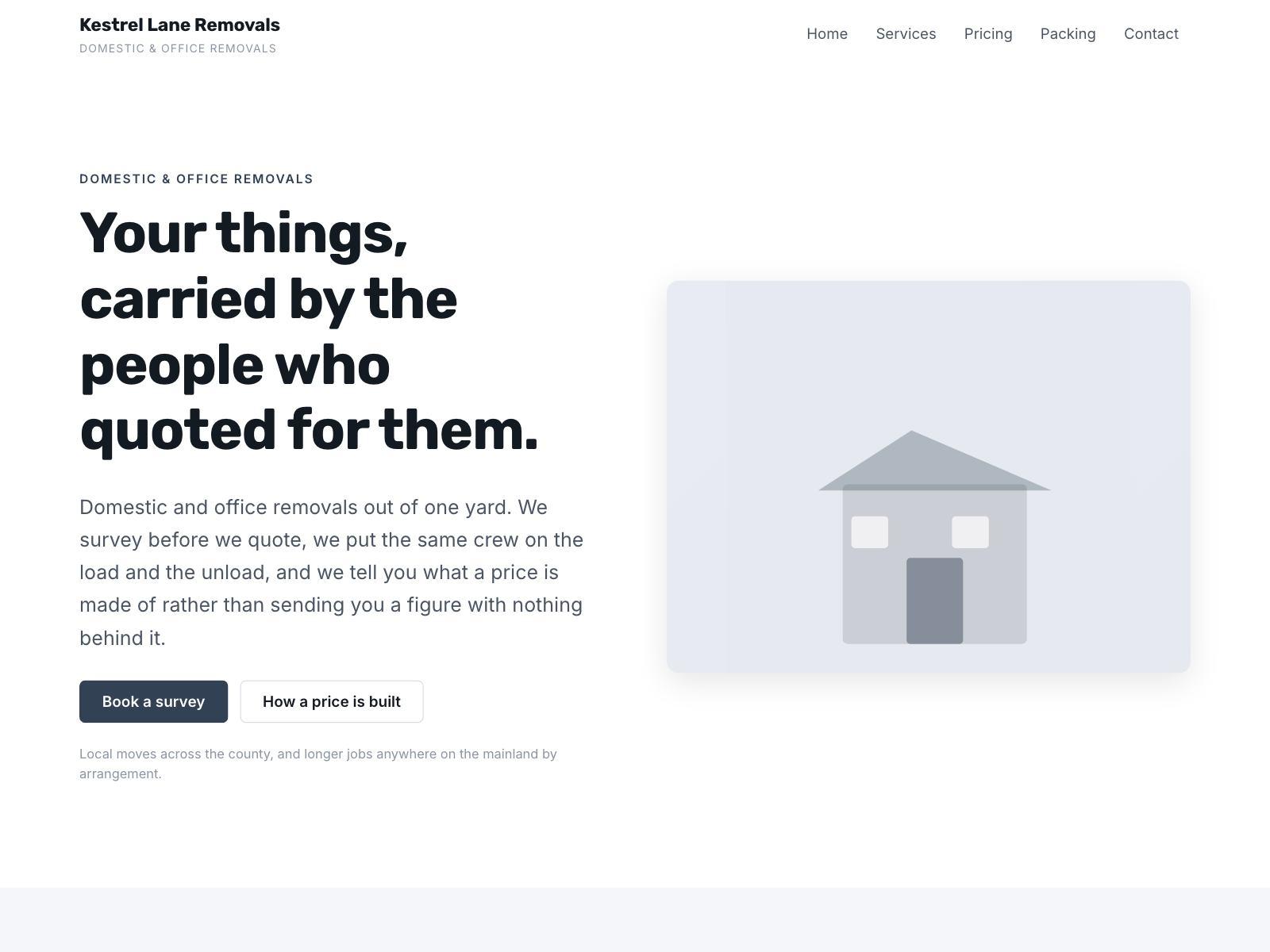 A removals company website with a clear service grid and a survey booking form
