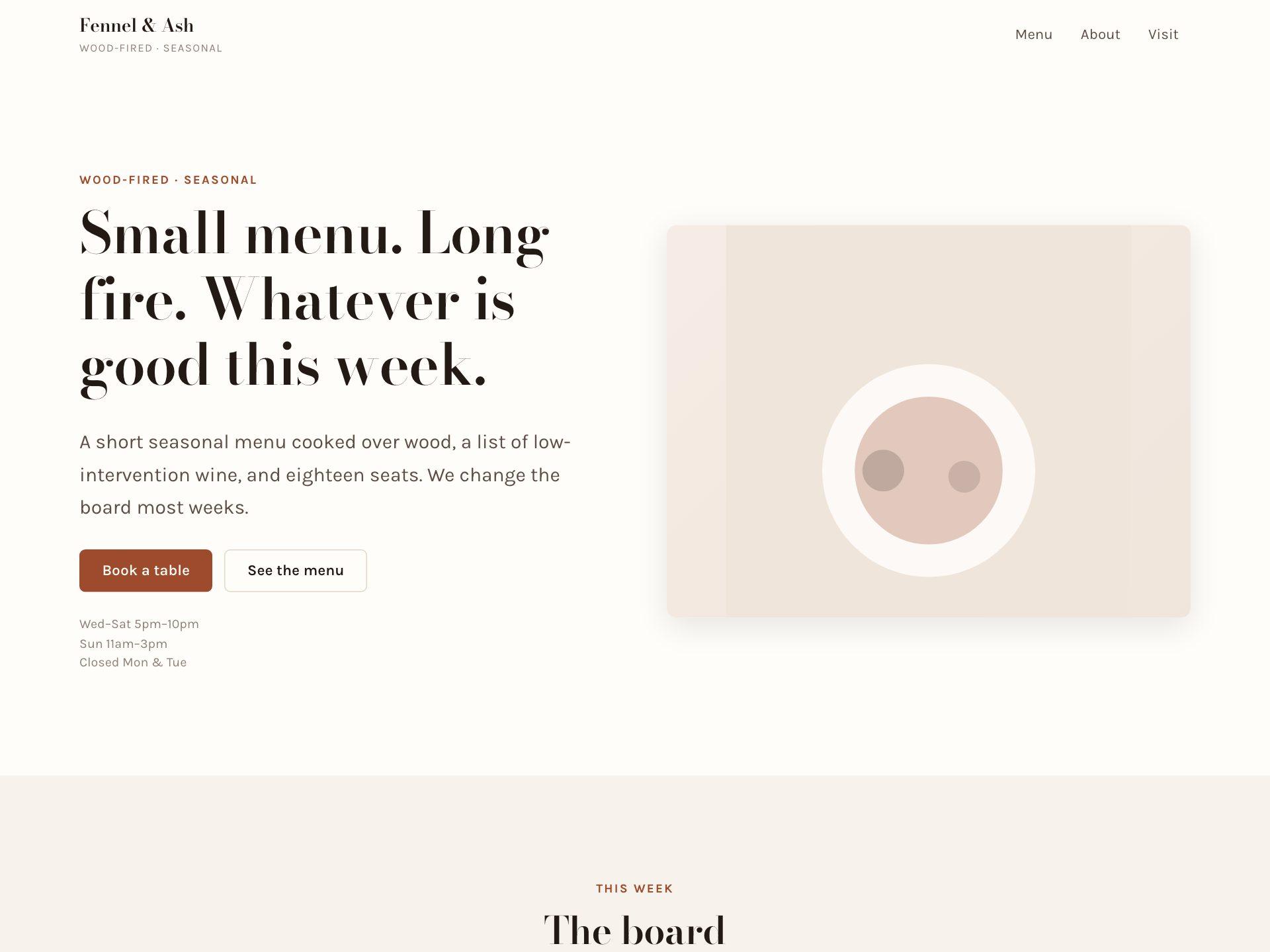 A restaurant website showing a two-column menu with dot leaders and prices