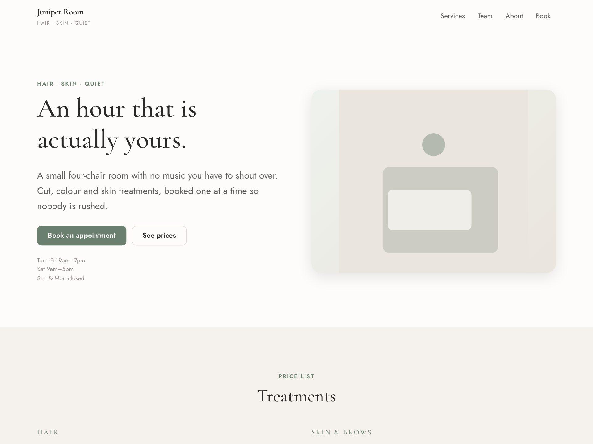 A salon website showing a two-column treatment price list