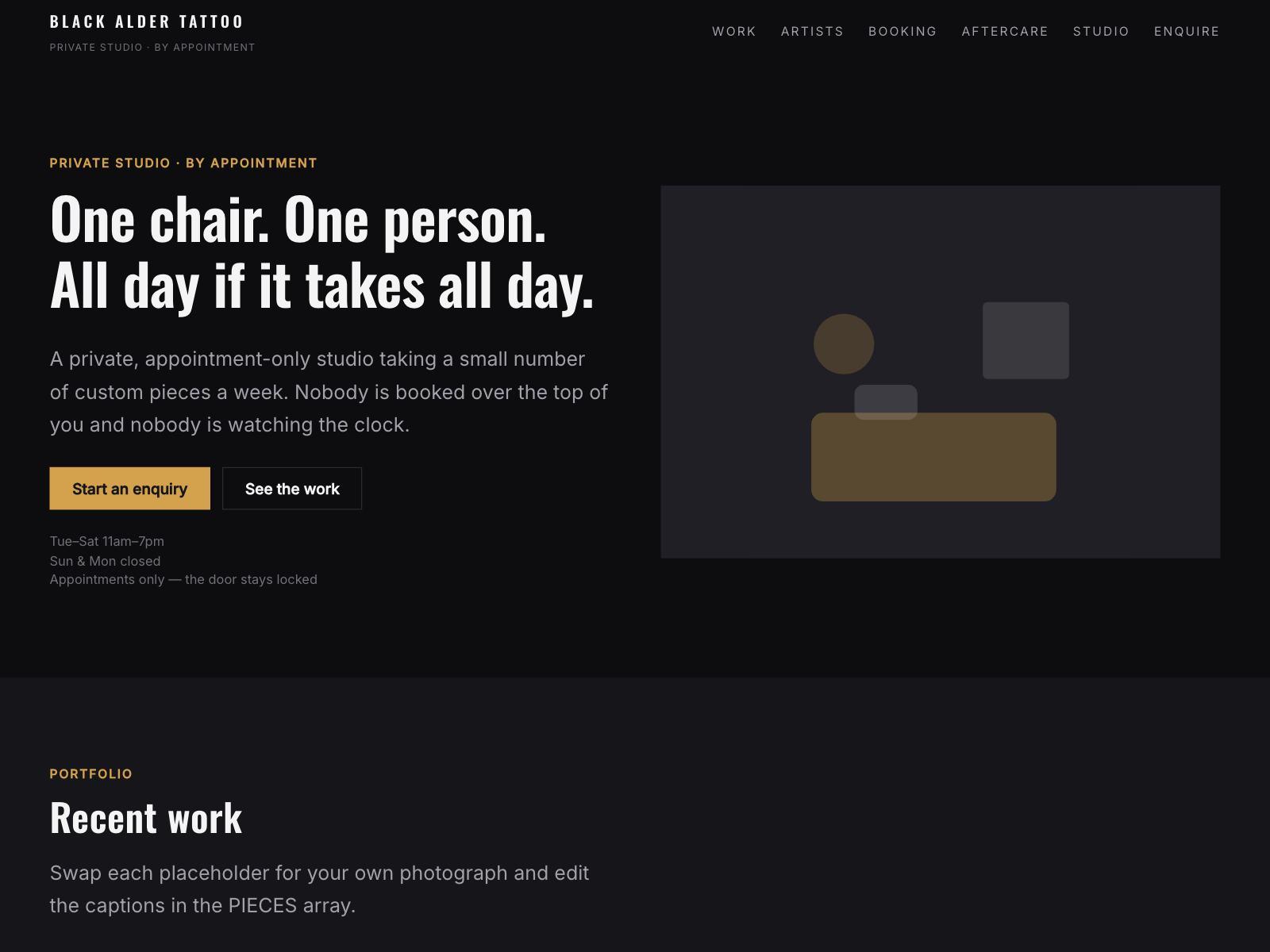 A dark tattoo studio website with a gold accent and a captioned portfolio grid