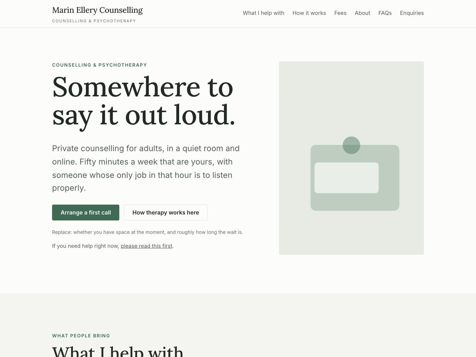 A counselling website with a calm serif headline and a list of areas of practice