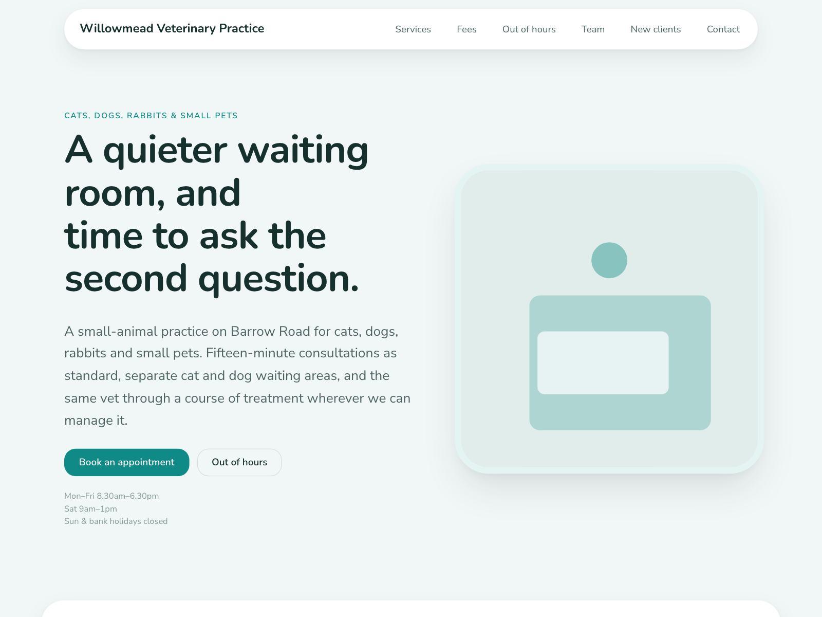 A veterinary practice website with rounded service cards on a soft tinted background