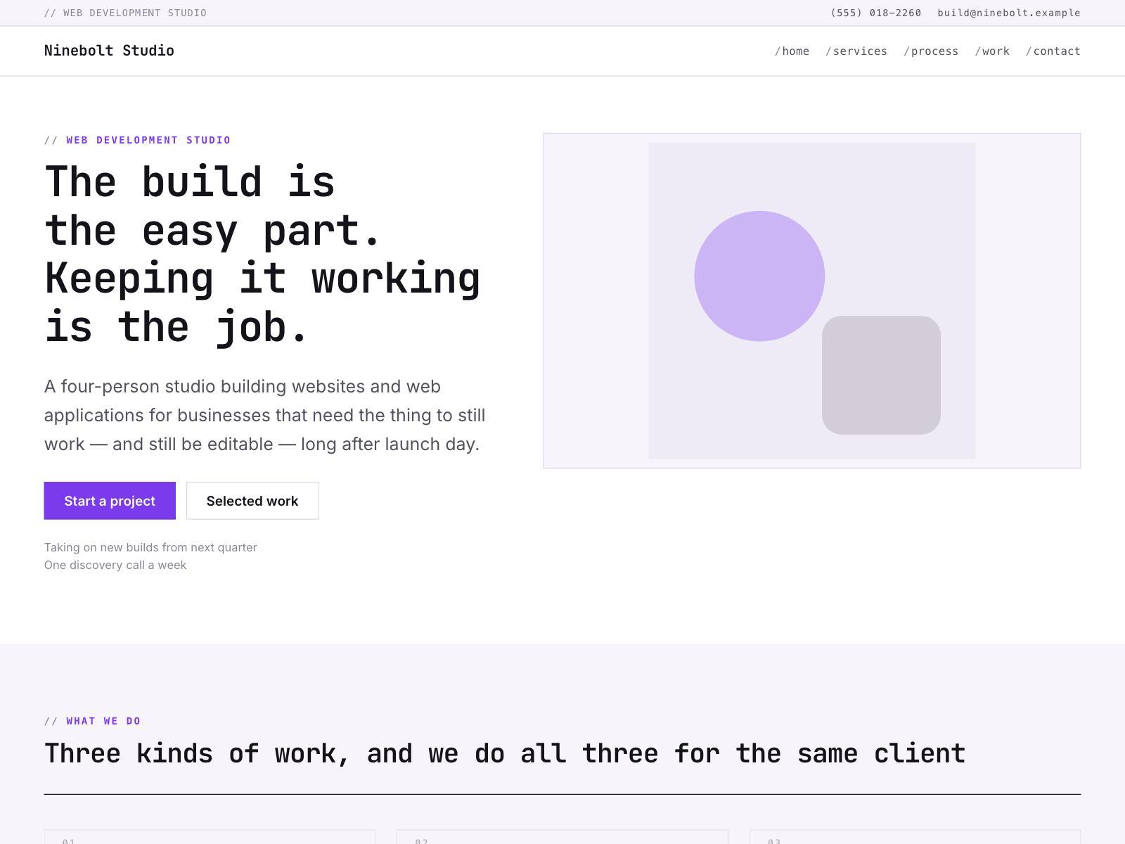 A web development agency website with monospace labels and hairline borders