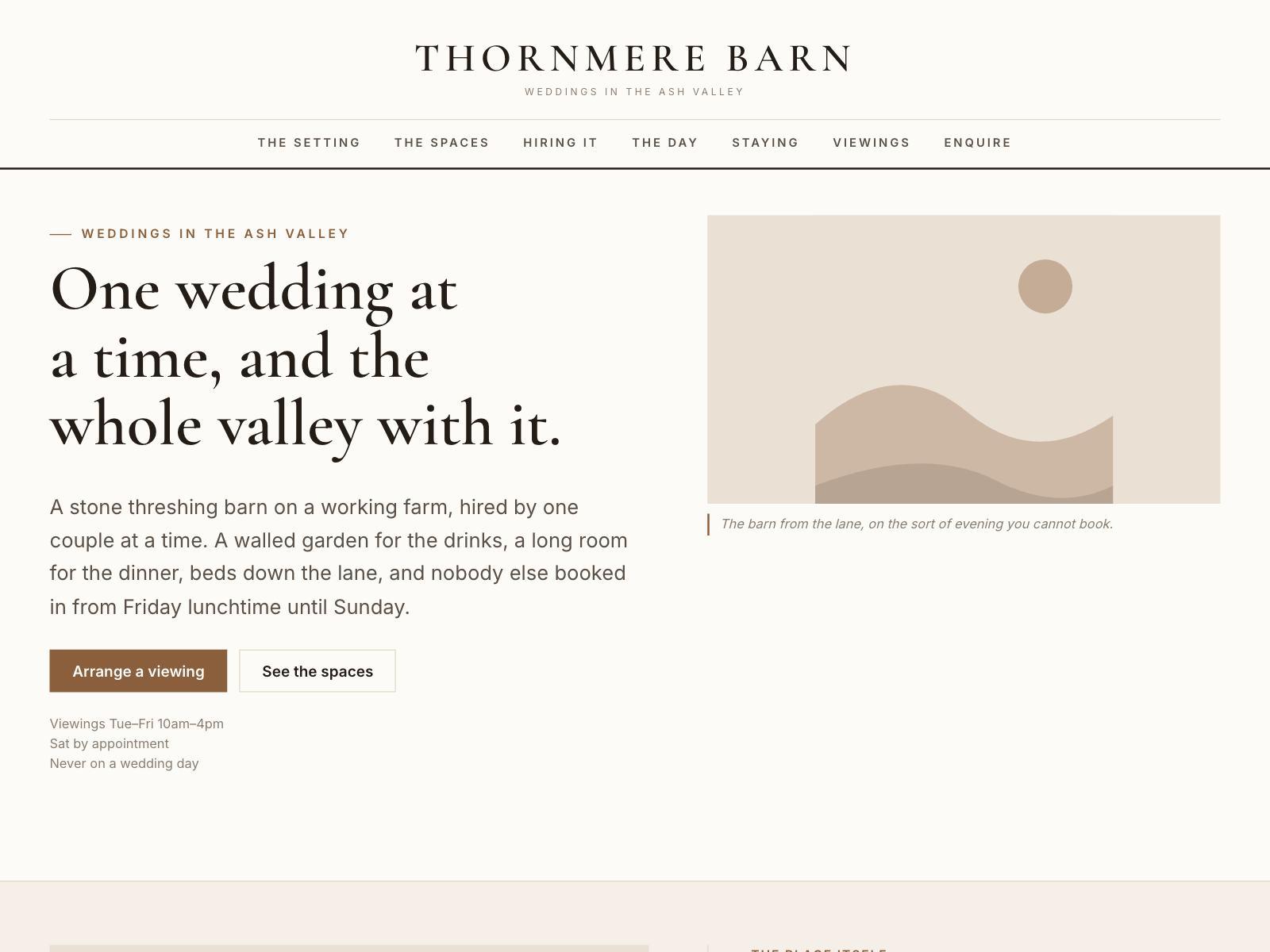 A wedding venue website in a soft editorial layout with a lead image and capacity table